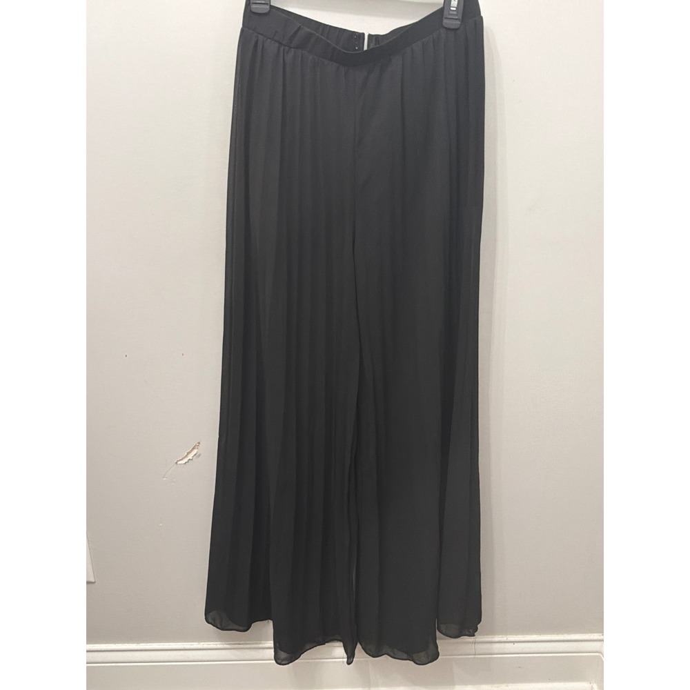 Womens Black Pleated Wide Leg Palazzo Pants High Waist Flowy Chiffon Trousers